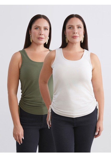 Yeni Sezon Büyük Beden Kare Yaka Büzgülü Kadın Atlet 2'li