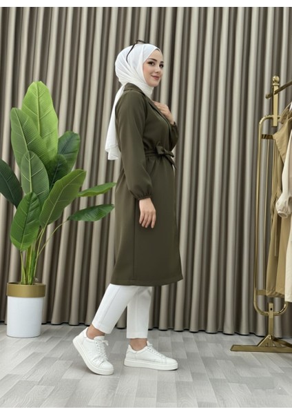 Bondit Kumaş Cepli Kuşaklı Kadın Trençkot modelleri