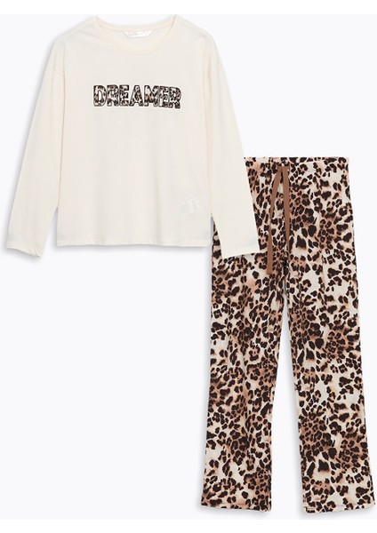 Yeni Sezon Bisiklet Yaka Leopar Desenli Kadın Pijama Takımı indirimleri