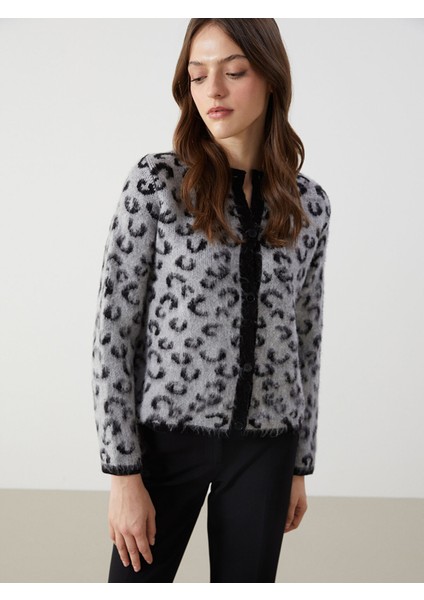 Yeni Sezon Bisiklet Yaka Leopar Desenli Kadın Triko Hırka