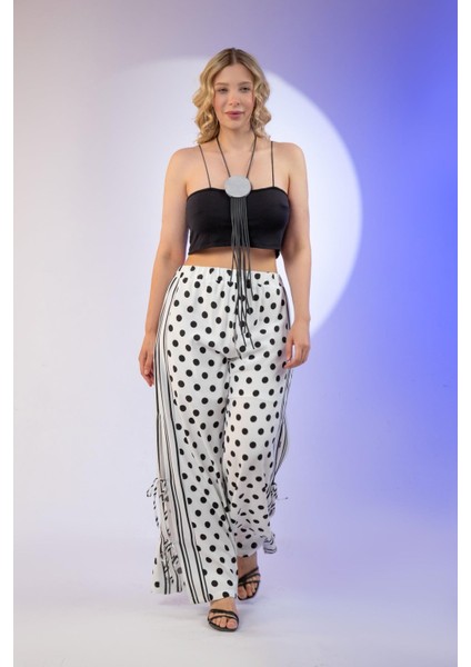 Kadın Büyük Beden Puantiyeli Bağcık Detay Beyaz Pantolon