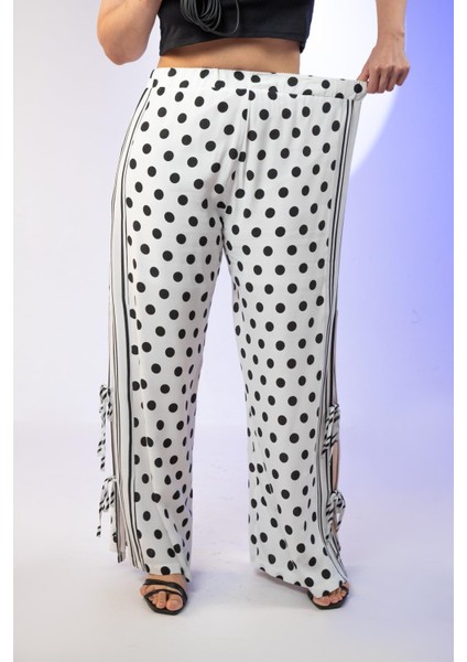 Kadın Büyük Beden Puantiyeli Bağcık Detay Beyaz Pantolon fiyatları
