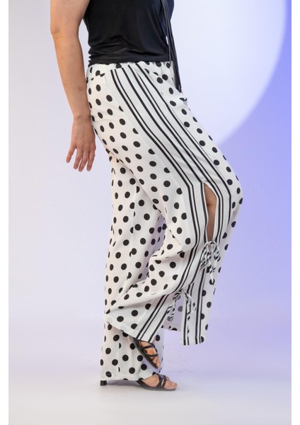 Kadın Büyük Beden Puantiyeli Bağcık Detay Beyaz Pantolon modelleri