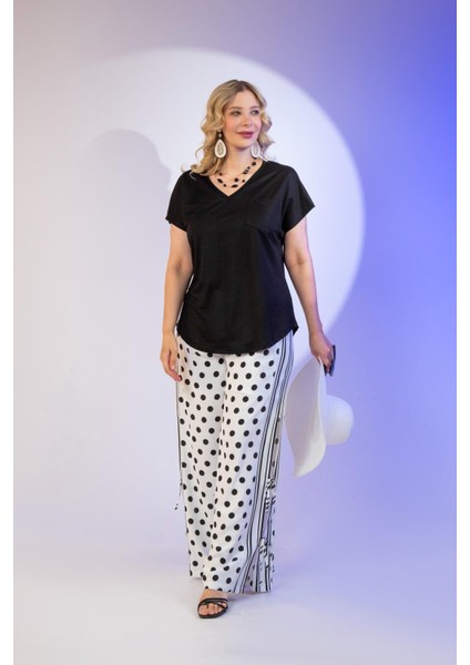 Kadın Büyük Beden Puantiyeli Bağcık Detay Beyaz Pantolon