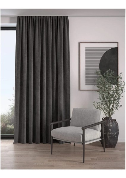 Beksahome Kadife Dokulu Ekstrafor Büzgülü Gri Yüksek 1.sınıf Yüksek Kalite Fon Perde Tek Kanat
