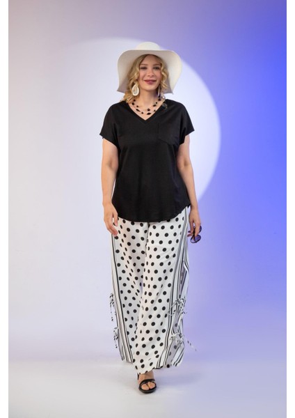 Kadın Büyük Beden Puantiyeli Bağcık Detay Beyaz Pantolon