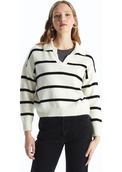 Yeni Sezon Polo Yaka Çizgili Oversize Kadın Triko Kazak fiyatları