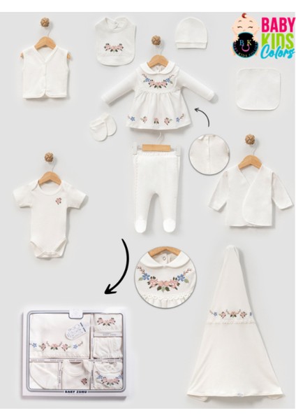 Kutulu- Bebek Yaka Yenidoğan Kıyafetleri 10'lu Hastane Çıkış Setleri Nakışlı Penye Zıbın Seti