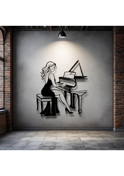 Piyano Çalan Kadın Siluetli Metal Duvar Dekoru – Müzik ve Zarafetin Buluşması