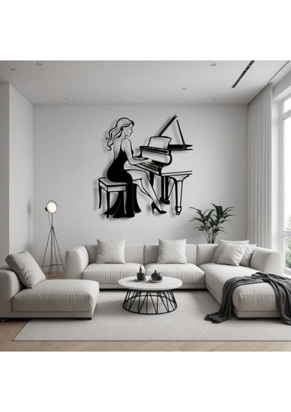 Piyano Çalan Kadın Siluetli Metal Duvar Dekoru – Müzik ve Zarafetin Buluşması