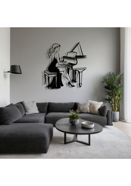 Piyano Çalan Kadın Siluetli Metal Duvar Dekoru – Müzik ve Zarafetin Buluşması