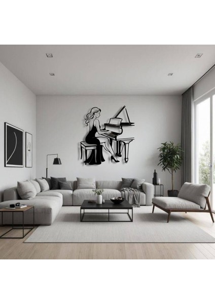 Piyano Çalan Kadın Siluetli Metal Duvar Dekoru – Müzik ve Zarafetin Buluşması