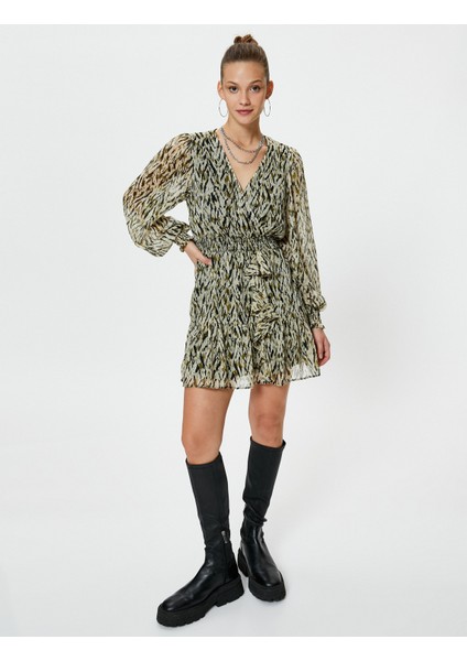 Tül Mini Elbise Kruvaze Yaka Fırfırlı Desenli Uzun Kollu Manşetleri Lastikli