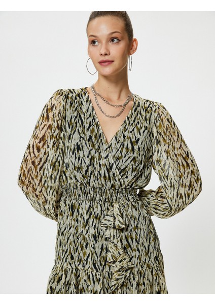 Tül Mini Elbise Kruvaze Yaka Fırfırlı Desenli Uzun Kollu Manşetleri Lastikli fiyatları