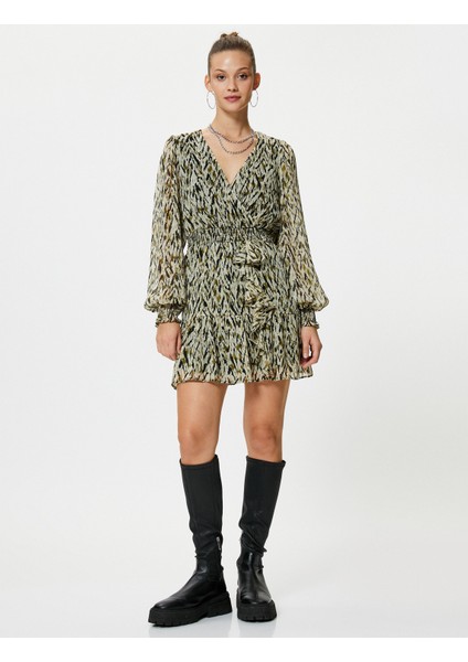 Tül Mini Elbise Kruvaze Yaka Fırfırlı Desenli Uzun Kollu Manşetleri Lastikli modelleri