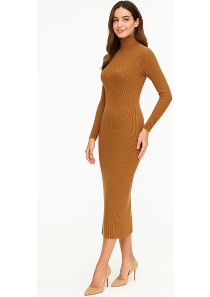Kadın Boğazlı Triko Elbise – Uzun Fitilli Esnek Dokuma, Tam Kalıp, Kışlık & Baharlık Şık Rahat Stil, 130 cm Midi Boy Elbise - Kahverengi