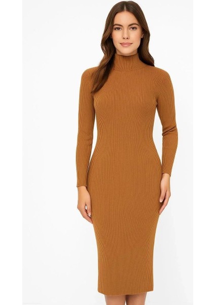 Kadın Boğazlı Triko Elbise – Uzun Fitilli Esnek Dokuma, Tam Kalıp, Kışlık & Baharlık Şık Rahat Stil, 130 cm Midi Boy Elbise - Kahverengi fiyatları