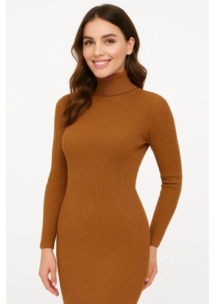 Kadın Boğazlı Triko Elbise – Uzun Fitilli Esnek Dokuma, Tam Kalıp, Kışlık & Baharlık Şık Rahat Stil, 130 cm Midi Boy Elbise - Kahverengi modelleri