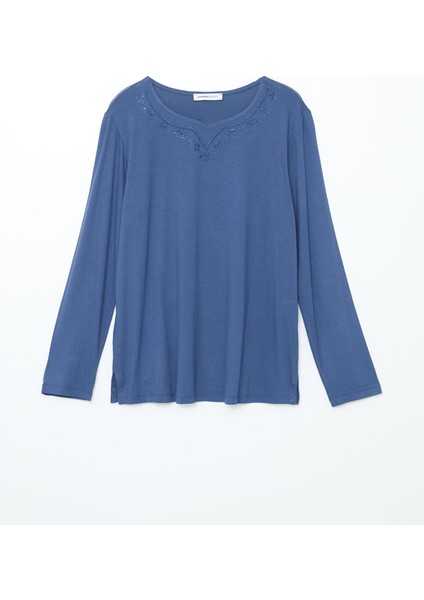 Yeni Sezon Bisiklet Yaka Parlak Taşlı Kadın Bluz