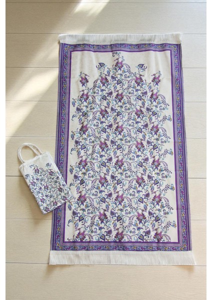 Ipeksi Dokulu Çantalı Kadife Seccade - Lale Desenli, Pratik, Taşınabilir - Mor