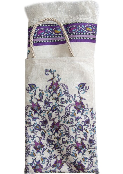 Ipeksi Dokulu Çantalı Kadife Seccade - Lale Desenli, Pratik, Taşınabilir - Mor fırsatları
