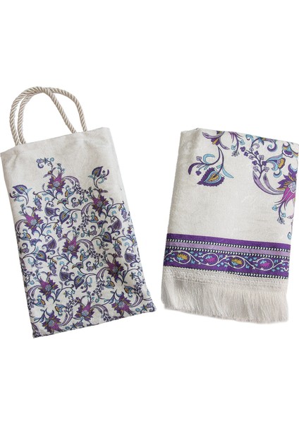 Ipeksi Dokulu Çantalı Kadife Seccade - Lale Desenli, Pratik, Taşınabilir - Mor indirimleri