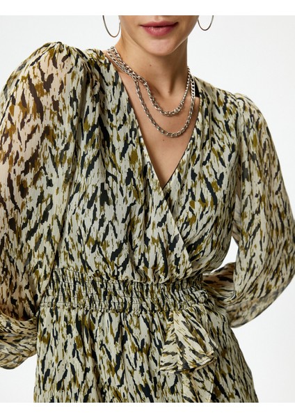 Tül Mini Elbise Kruvaze Yaka Fırfırlı Desenli Uzun Kollu Manşetleri Lastikli indirimleri