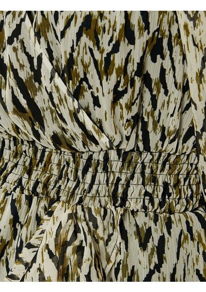 Tül Mini Elbise Kruvaze Yaka Fırfırlı Desenli Uzun Kollu Manşetleri Lastikli