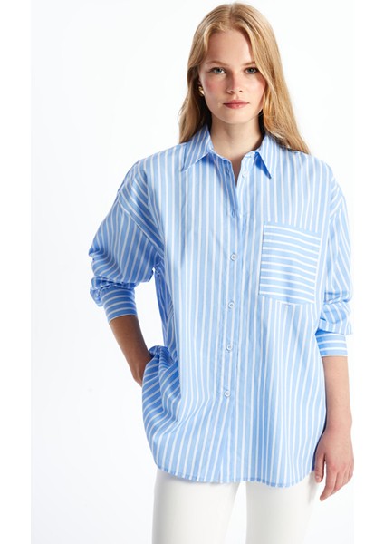 Yeni Sezon Çizgili Uzun Kollu Oversize Kadın Gömlek
