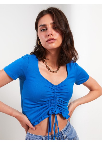 Yeni Sezon V Yaka Düz Kısa Kollu Pamuklu Kadın Tişört fiyatları