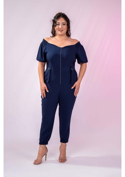 Kadın Büyük Beden Fermuarlı Cepli Lacivert Tulum