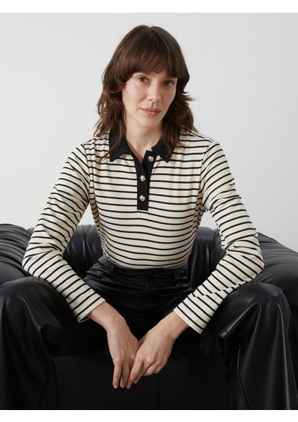 Yeni Sezon Polo Yaka Çizgili Kadın Tişört