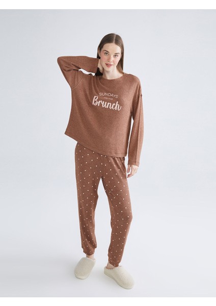 Yeni Sezon Bisiklet Yaka Baskılı Kadın Pijama Takımı