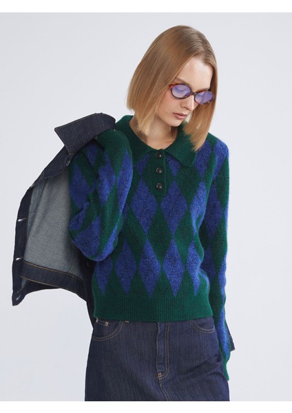 Yeni Sezon Polo Yaka Baklava Desenli Kadın Triko Kazak