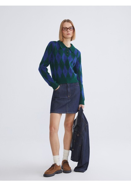 Yeni Sezon Polo Yaka Baklava Desenli Kadın Triko Kazak fiyatları