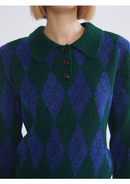 Yeni Sezon Polo Yaka Baklava Desenli Kadın Triko Kazak modelleri