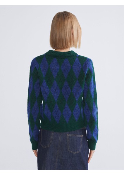 Yeni Sezon Polo Yaka Baklava Desenli Kadın Triko Kazak fırsatları