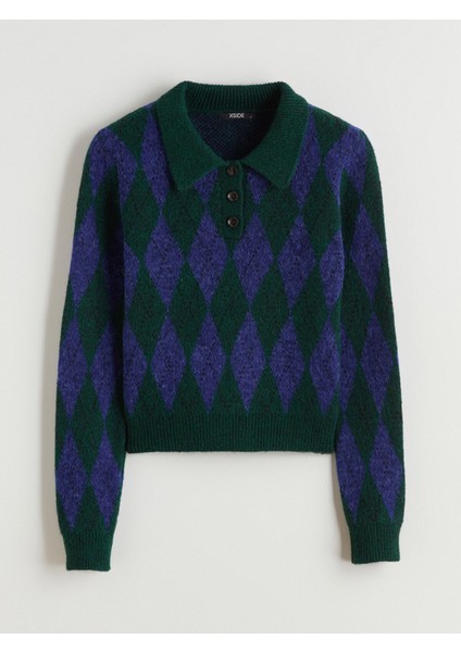 Yeni Sezon Polo Yaka Baklava Desenli Kadın Triko Kazak indirimleri