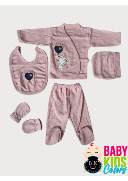 Fitilli Kumaşa Kalpli Tavşan Baskılı Poşette 5'li Set