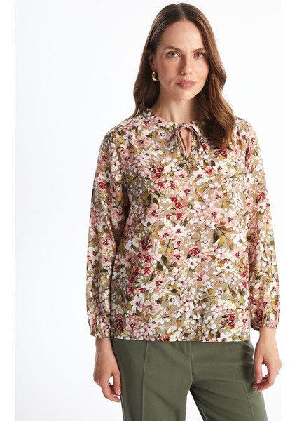 Yeni Sezon Bağlamalı Yaka Çiçekli Uzun Kollu Kadın Bluz