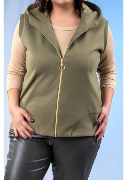 Kadın Büyük Beden Kaşe Yeşil Yelek