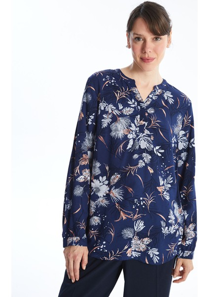 Yeni Sezon Kaçık Yaka Çiçekli Uzun Kollu Kadın Bluz