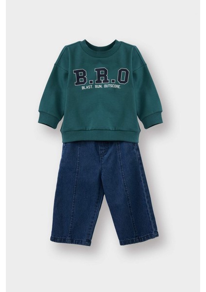 Erkek Bebek 2'li Takım Baskılı Sweatshirt Jean Pantolon G3227A525WN