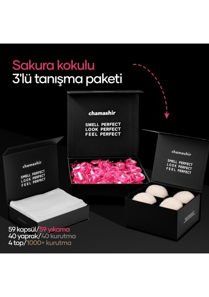 3'lü Tanışma Paketi- Kapsül Çamaşır Deterjanı Sakura Kokulu- Kurutma Mendili - Yün Kurutma Topu 4'lü