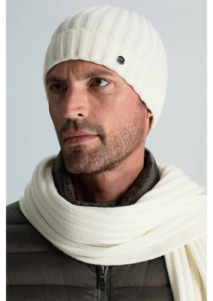 Örgü Desenli Ekru Merino Yün Su Itici Bere