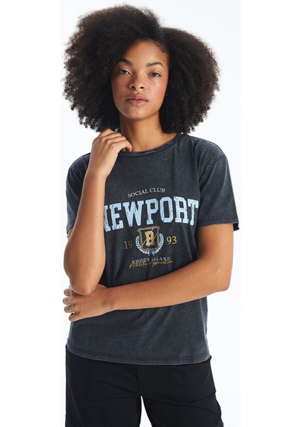 Yeni Sezon Bisiklet Yaka Baskılı Kısa Kollu Kadın Tişört