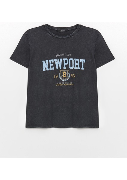 Yeni Sezon Bisiklet Yaka Baskılı Kısa Kollu Kadın Tişört indirimleri