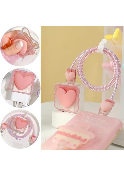Aksesuar (5960) Pembe Kalp Şarj Aleti Kılıfı, Şarj Kablosu Örme Aparatı, Toparlayıcı, Kablo 18W/20W ile Uyumlu fiyatları
