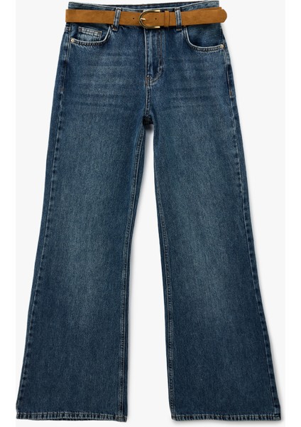 Pamuklu Düğmeli Kemer Detaylı Ispanyol Paça Jean Pantolon - Flare Jeans