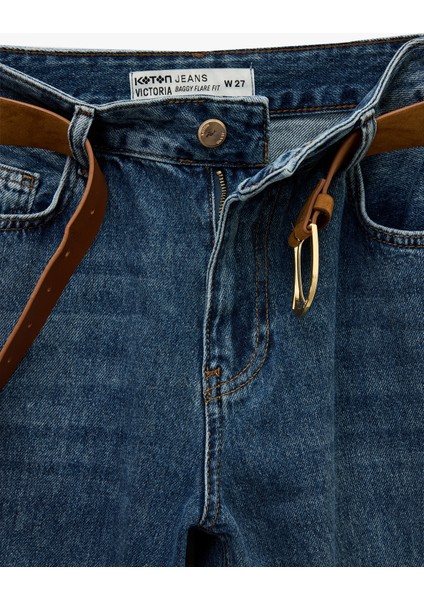 Pamuklu Düğmeli Kemer Detaylı Ispanyol Paça Jean Pantolon - Flare Jeans modelleri